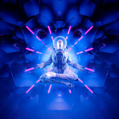 Wall Mural - neon zen astronaut / 3d illustration of science fiction scene with meditating astronaut floating in 
