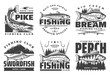 Fishing club badges, fisherman summer camp and big fish catch tours. Vector fishing tournament badges, fisher equipment tackles, rods and lures for river pike and bream, ocean swordfish and lake perch