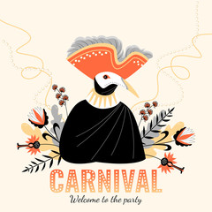 Carnival banner with funny character in traditional  Italian costumes and mask of plague doctor on a background of flowers