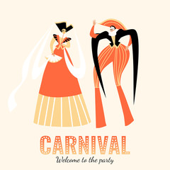 Wall Mural - Carnival banner with funny character in traditional  Italian costumes on stilts