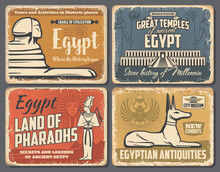 Ancient Egypt Travel Trips And Cairo Landmarks Tours Retro Vintage Posters. Vector Ancient Egypt Pharaoh Pyramids, Sphinx And Egyptian God Temples Sightseeing, Antiquity Museum And Souvenirs Shop