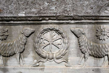 Wall Mural - Stone sarcophagus at  Basilica di San Vitale, one of the most important examples of early Christian Byzantine art in western Europe, in Ravenna, region of Emilia-Romagna, Italy