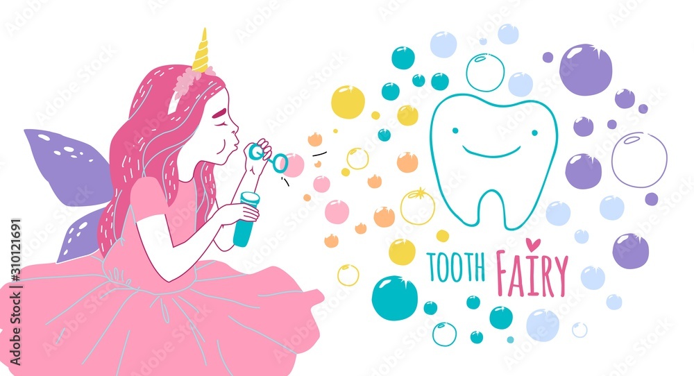 Smiling tooth fairy. Cute little happy fairy girl with tooth. Hand ...