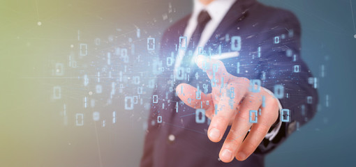 man holding data binary cloud 3d rendering