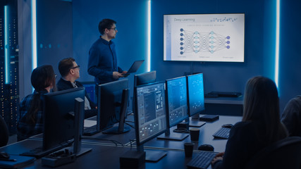 Aufkleber - Team of Professional IT Developers Have Meeting, Speaker Talks about New Blockchain Based Software Development Shown on TV. Concept: Deep Learning, Artificial Intelligence, Data Mining, Neural Network