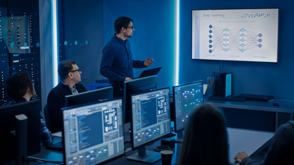 Poster - Team of Professional IT Developers Have Meeting, Speaker Talks about New Blockchain Based Software Development Shown on TV. Concept: Deep Learning, Artificial Intelligence, Data Mining, Neural Network