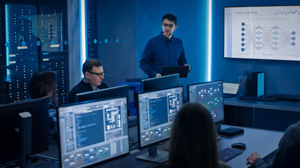 Poster - Team of Professional IT Developers Have Meeting, Speaker Talks about New Blockchain Based Software Development Shown on TV. Concept: Deep Learning, Artificial Intelligence, Data Mining, Neural Network