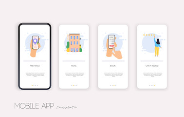 Onboarding screens user interface kit for mobile app templates concept of find hotel. Concept for web banners, websites, infographics.