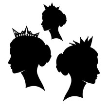 Beautiful Female Silhouette Head Profile With Royal Crown - Elegant Princess Or Queen Black Vector Side View Portrait