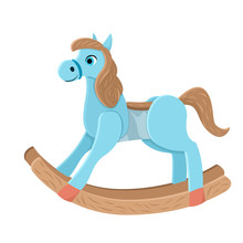 Wooden Horse. Children Toy Blue Swinging Horse.