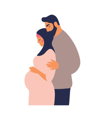 Wall Mural - Traditional Muslim family expecting a baby. Pregnant woman with a husband. Arab family. Flat vector illustration isolated on white background.