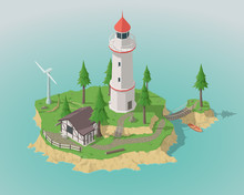 Isometric Island And Lighthouse.