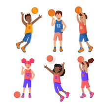 Set Of Girls And Boys Plays Basketball. Basketball Player. Child Playing With A Ball. Colorful Cartoon Illustration In Flat Vector. Sports Team Games. Lifestyle. Games With The Ball.