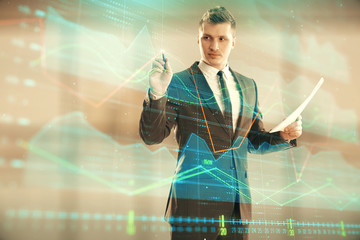 Wall Mural - Businessman and forex graph hologram. Double exposure. Concept of financial education and analysis