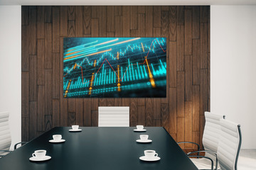 Wall Mural - Conference room interior with financial chart on screen monitor on the wall. Stock market analysis concept. 3d rendering.