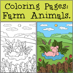 Wall Mural - Coloring Pages with example: Farm Animals. Cute little piggy is lying in a puddle and smiling.