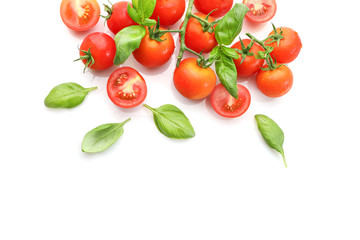 Wall Mural - Red ripe cherry tomatoes isolated on white background. Top view