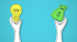 One hand holding green bag with money, other light bulb