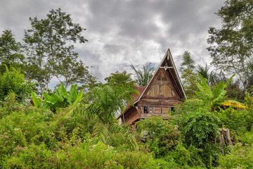 Wall Mural - Beautiful view of a traditional Toba Batak house on the island Samosir in Lake Toba, Sumatra, Indonesia