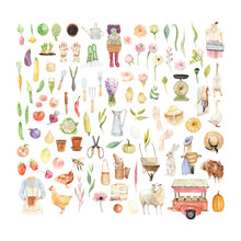 Large Watercolor Set With Garden Supplies And Objects: Girls, Flowers, Vegetables, Fruits, Plants, Animals, Birds, Garden Tools.