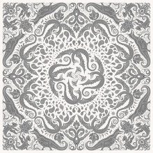 Vector Grey Dragon Bandana Print On A White Background. Paisley Pattern, Hand Drawn Flowers, Leaves And Fantasy Beast Animals, Ornate Dinosaur. Scarf, Shawl, Kerchief, Carpet, Tee Shirt Print