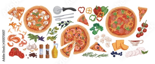 Fotografía Pizza ingredients flat vector illustrations set
