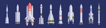 Rockets And Spaceships Flat Vector Illustrations Set. Space Shuttles For Universe Exploration And Interstellar Travel. Various Spacecrafts Isolated On Dark Blue Background. Aerospace Engineering.