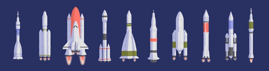 rockets and spaceships flat vector illustrations set. space shuttles for universe exploration and in