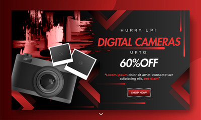 Wall Mural - Red and black layout banner or horizontal template design with 60% discount offer for Digital Cameras.