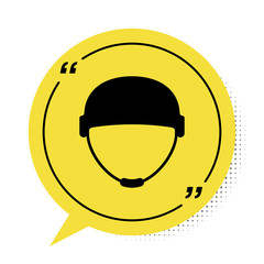 Black Military helmet icon isolated on white background. Army hat symbol of defense and protect. Protective hat. Yellow speech bubble symbol. Vector Illustration