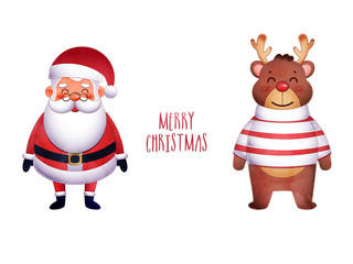 Poster - Merry Christmas Celebration Concept with Santa Claus Character and Cartoon Reindeer wearing Woolen Cloth on White Background.