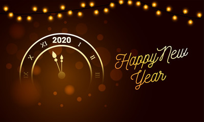 Poster - Illustration of countdown timer with lighting garland decorated on brown bokeh background for Happy New Year 2020 celebration concept.