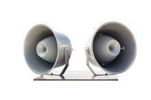 Pair Of Big Retro Car Roof Loudspeakers Mounted On Wooden Plate Isolated On White Background. Urgent Or Emergency Announcement , Message Or Alert Concept