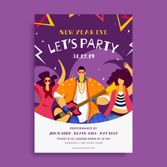 Wall Mural - New Year EVE Party Flyer Design with Guy Playing Guitar and Female Dancing on Purple Abstract Background.