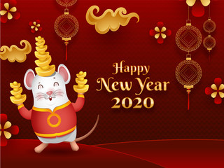 Poster - Happy Chinese New Year 2020 celebration greeting card design with cute cartoon rat holding ingots and chinese ornaments decorated on red seamless circle pattern background.