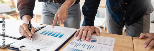 Fotomural Business People Meeting to analyse and discuss and brainstorming the financial report chart data in office, Financial advisor teamwork and accounting concept