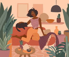Cute African Girl Resting With A Cat On Couch. Feminine Daily Life And Everyday Routine Scene By Young Woman In Home Interior With Homeplants. Cartoon Vector