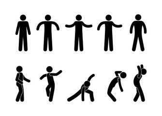 Wall Mural - Stick figure man standing. Black cut out people human silhouette, different poses vector icon pictogram set.