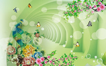 3d Mural Paint Illustration Background With Flowers And Mountain Green Tunnel Wallpaper . Colored Peacock And Butterfly