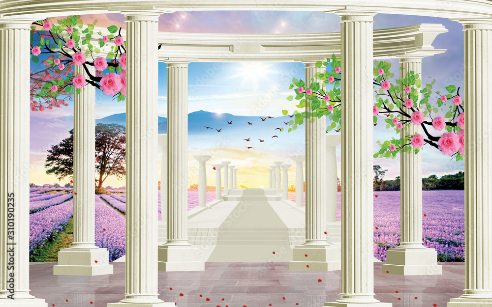 3d wallpaper design with historical columns on a landscape with mountains, birds and tree branches flowers for photomural - obrazy, fototapety, plakaty 