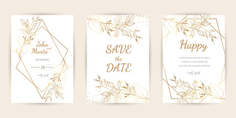 Wall Mural - Wedding Invitation with Gold Flowers. background with geometric golden frame. Cover design with an ornament of golden leaves.Trendy templates for banner, flyer, poster, greeting. eps10