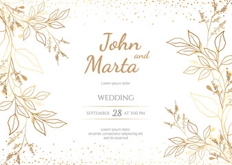 Wall Mural - Wedding Invitation with Gold Flowers. background with geometric golden frame. Cover design with an ornament of golden leaves.Trendy templates for banner, flyer, poster, greeting. eps8