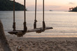 evening sun shining Sea wave on the sunset beach and Wooden swing hang under a tree