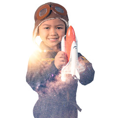 Wall Mural - the double exposure image of the boy holds a space rocket model and overlay with milky way image. the concept of educations, future, business, international and transportations.