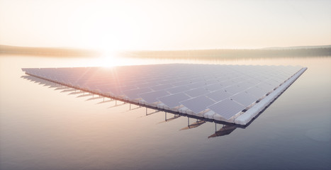 Wall Mural - aerial image of floating solar power plant farm on calm lake in beautifull sunset sunlight with mist