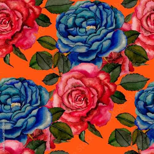 Watercolor seamless pattern with roses. Romantic floral composition.Botanical...