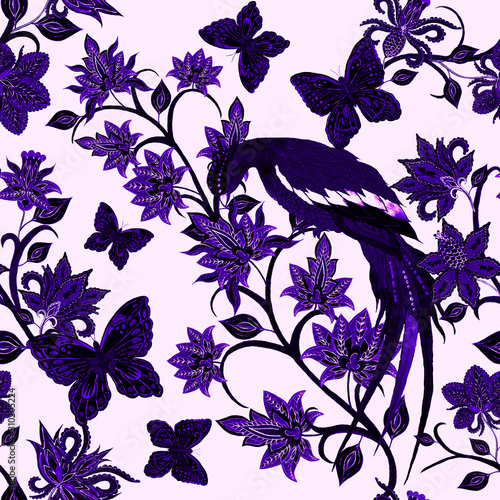 Watercolor seamless pattern with paisley flowers, butterflies and birds in et...