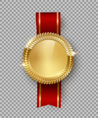 Award medal 3d realistic vector color illustration. Reward. Golden medal with red ribbon. Certified product. Quality badge, emblem on transparent background. Winner trophy. Isolated design element.