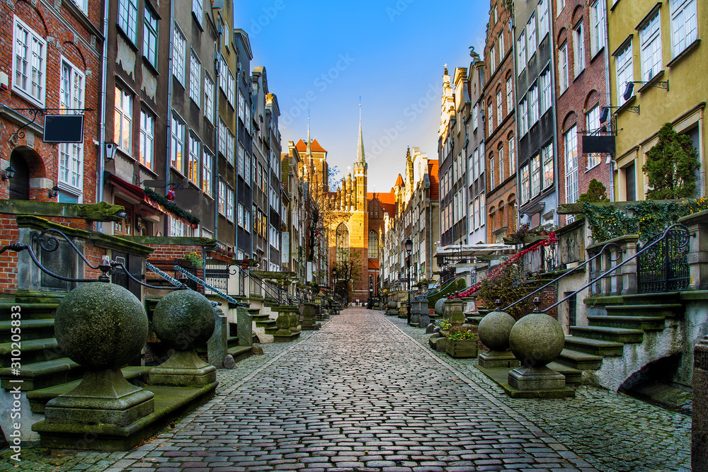 Architecture of Mariacka street in Gdansk is one of the most notable tourist attractions in Gdansk. Poland - obrazy, fototapety, plakaty 