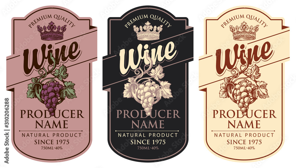 Set of three vector wine labels with hand-drawn bunches of grapes, crowns and calligraphic inscriptions in retro style in figured frames - obrazy, fototapety, plakaty 